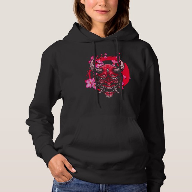 Oni Mask Sakura Flowers Aesthetic Style Japan Vapo Hoodie (Front)