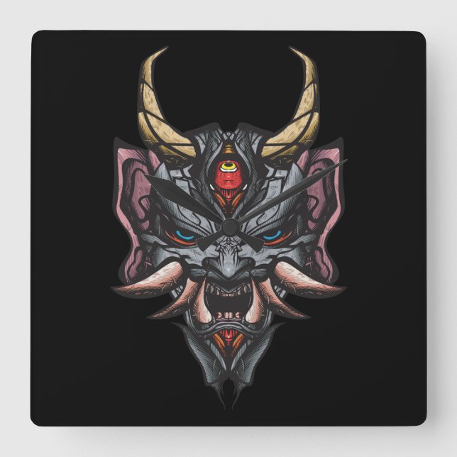 Oni Mask Square Wall Clock (Front)