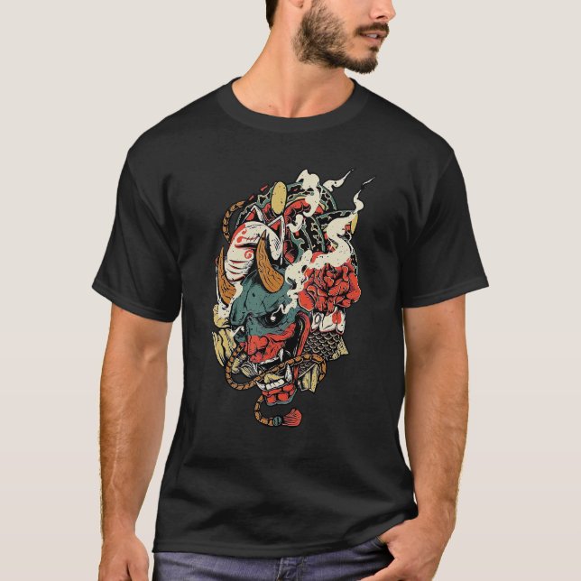 Oni Yokai Mask Angry Demon Japanese Mythology Cult T-Shirt (Front)
