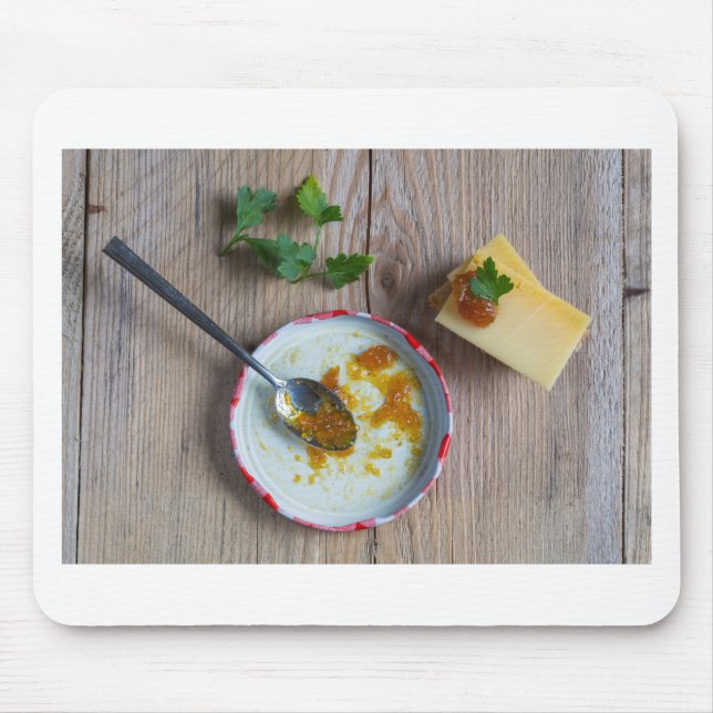 Onion pineapple chutney on rustic wood mouse pad (Front)