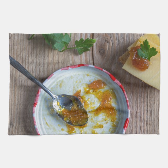 Onion pineapple chutney on rustic wood tea towel (Horizontal)