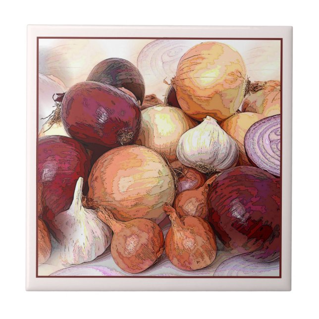 Onions and Garlic Classic Kitchen Art Food Theme Ceramic Tile (Front)