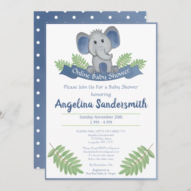 Online Baby Shower By Mail Blue Boy Elephant Invitation (Front/Back)