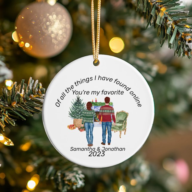 Online Dating Couple Brown Hair Newlyweds Ceramic Ornament (Creator Uploaded)