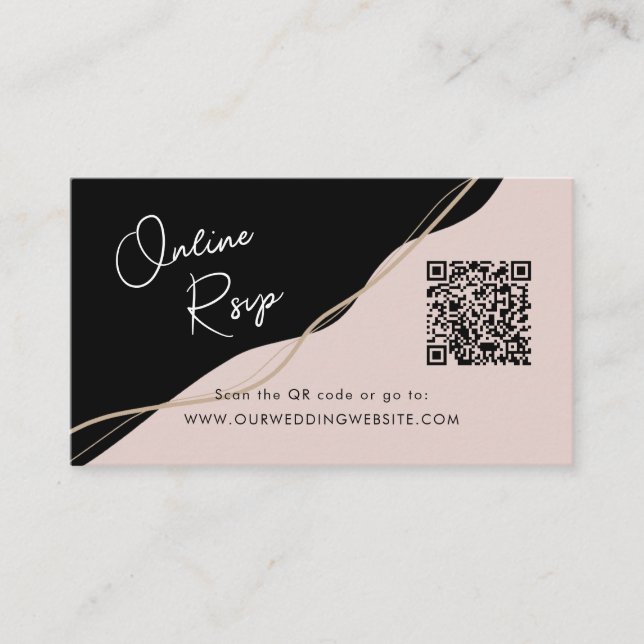 Online RSVP QR Code black and pink wedding website Business Card (Front)