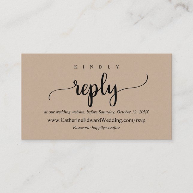 Online RSVP website, Black Script, Brown Kraft Enclosure Card (Front)