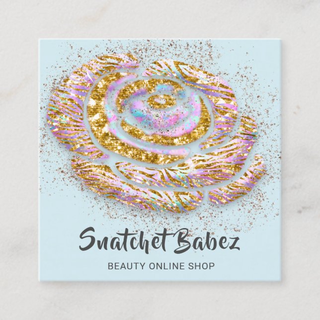 Online Shop Beautique Holograph Blue QR Code Logo Square Business Card (Front)