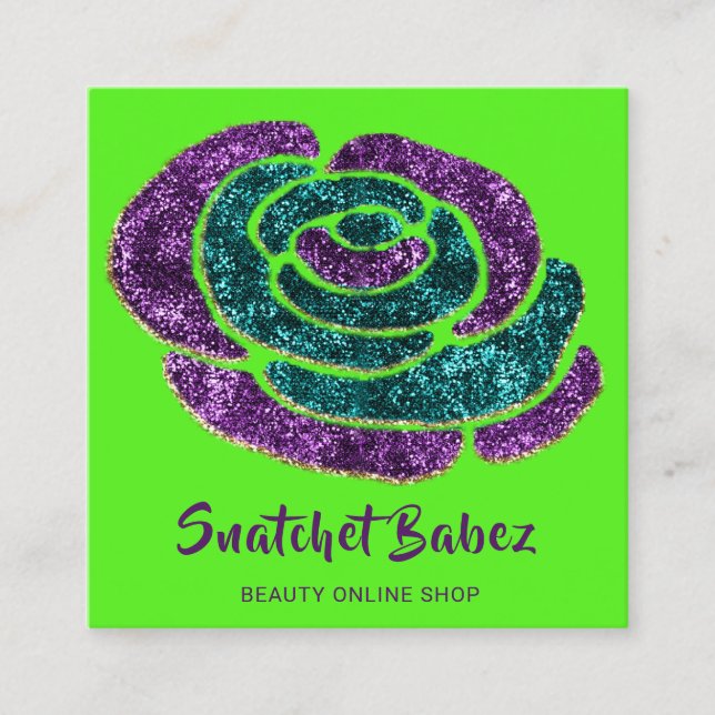 Online Shop Fashion Green Purple QR Code Logo Square Business Card (Front)