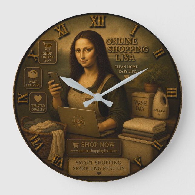 Online Shopping Funny Mona Lisa Shopper Gift  Large Clock (Front)