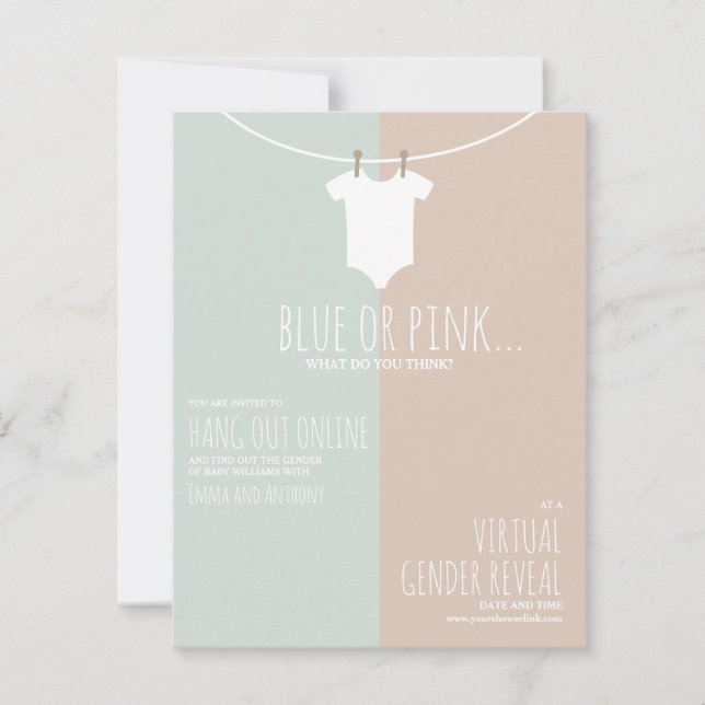 Online Virtual Gender Reveal Clothesline Pink Blue Invitation (Front)