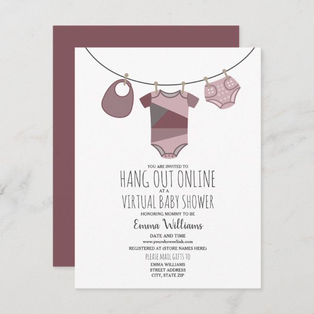 Online Virtual Plum Girl Baby Shower Clothesline Invitation (Front/Back)