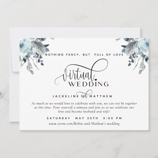 Online Virtual Wedding Blue, White and Grey Floral Save The Date (Front)