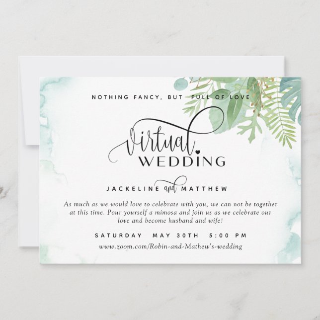 Online Virtual Wedding Elegant Greenery Watercolor Save The Date (Front)