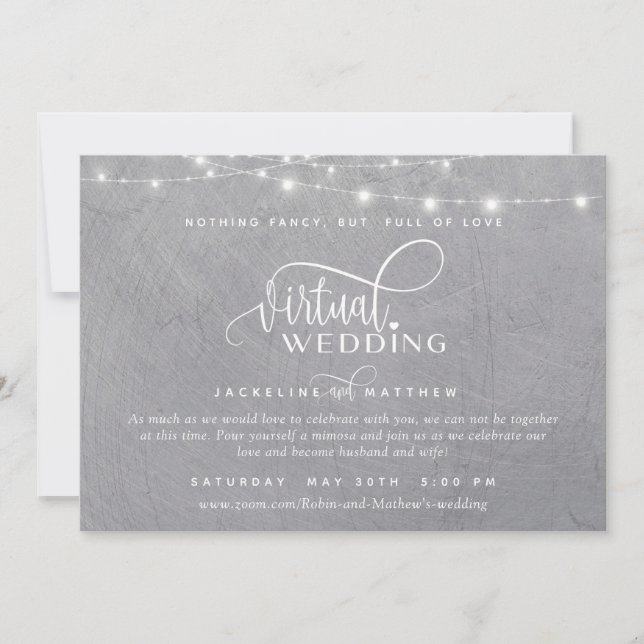 Online Virtual Wedding Grey Silver, String Lights Save The Date (Front)