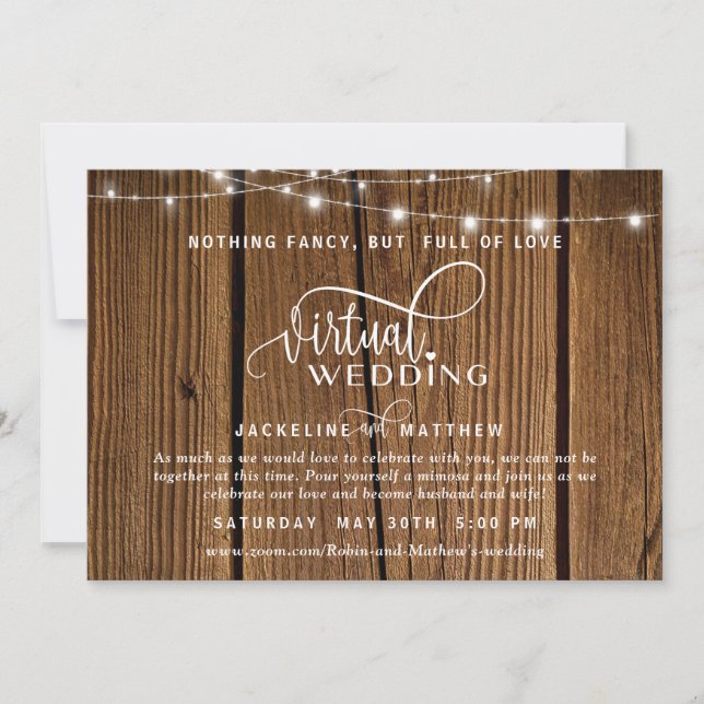 Online Virtual Wedding Rustic Wood, String Lights Save The Date (Front)