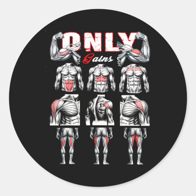 Only Gains Bodybuilding Workout Gym1  Classic Round Sticker (Front)