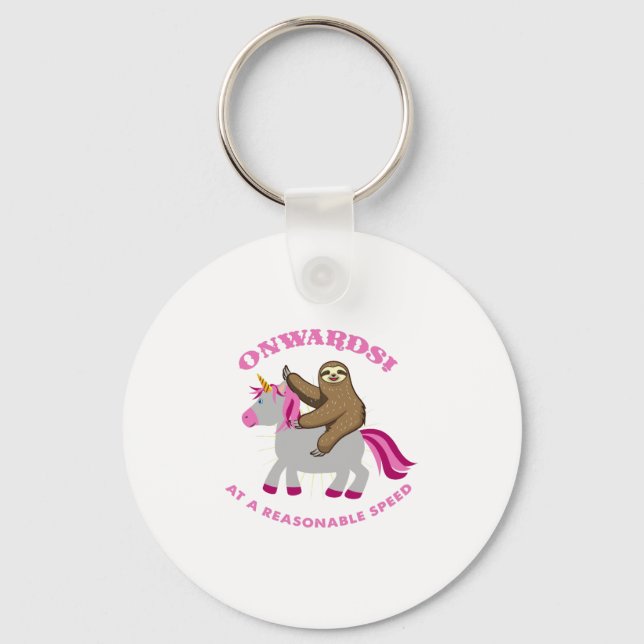 Onwards At A Reasonable Speed Sloth Riding Unicorn Key Ring (Front)