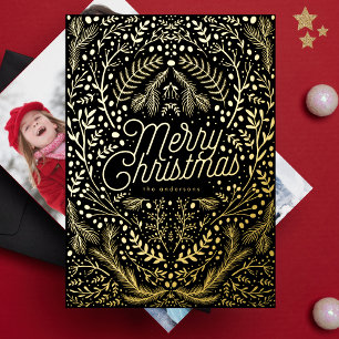Onyx Black Gold Foliage & Berries Merry Christmas Foil Holiday Card