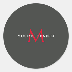 Onyx Black Red Monogram Modern Minimalist Classic Round Sticker