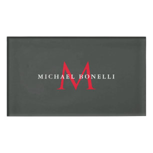 Onyx Black Red Monogram Modern Minimalist Name Tag