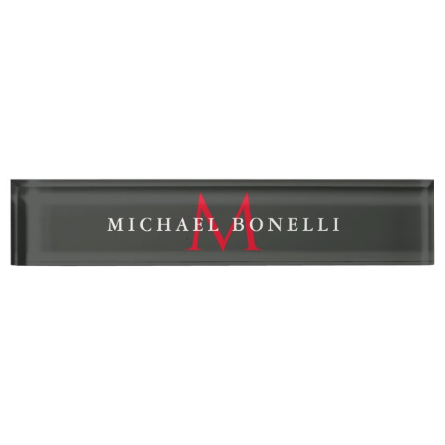 Onyx Black Red Monogram Modern Minimalist Nameplate (Front)
