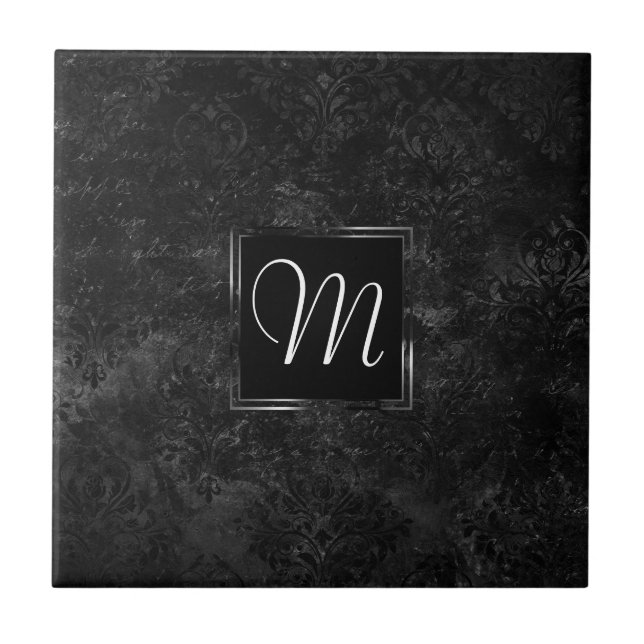 Onyx Black Velvet | Chalkboard Grunge Monogram Ceramic Tile (Front)