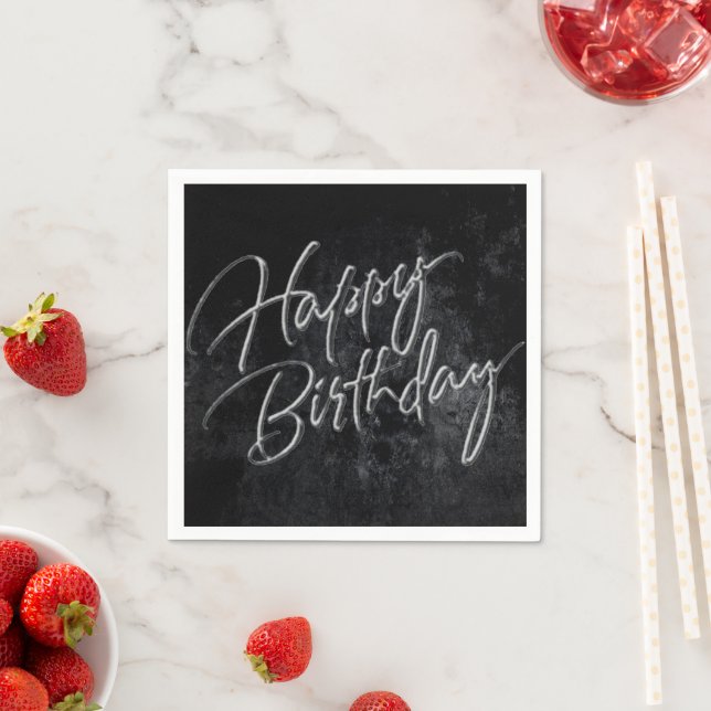 Onyx Black Velvet | Grunge Happy Birthday Script Napkin (Insitu)