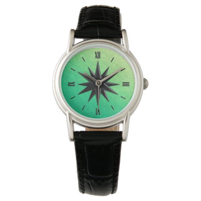 Onyx compass rose - peridot green glass background watch (Front)