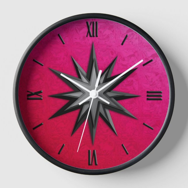 Onyx compass rose - ruby glass background wall clock (Front)