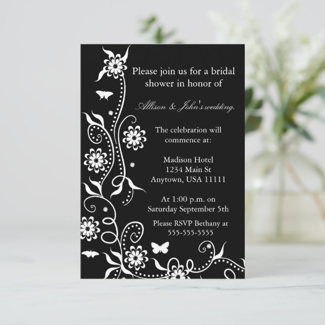 Onyx Floral Swirl Bridal Shower Invitation (Standing Front)