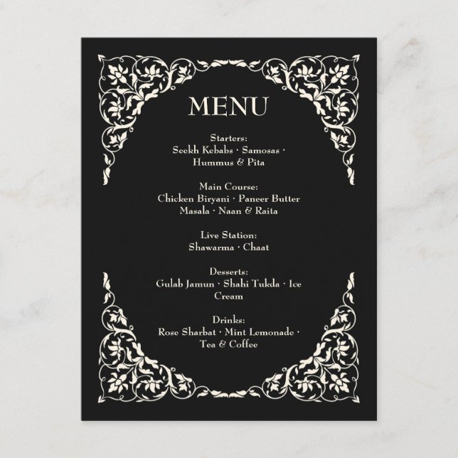 Onyx Grace Black and Ivory Wedding Menu (Front)