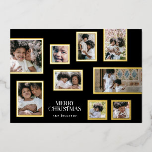 Onyx Photo Collage Frames Modern Merry Christmas Foil Holiday Card