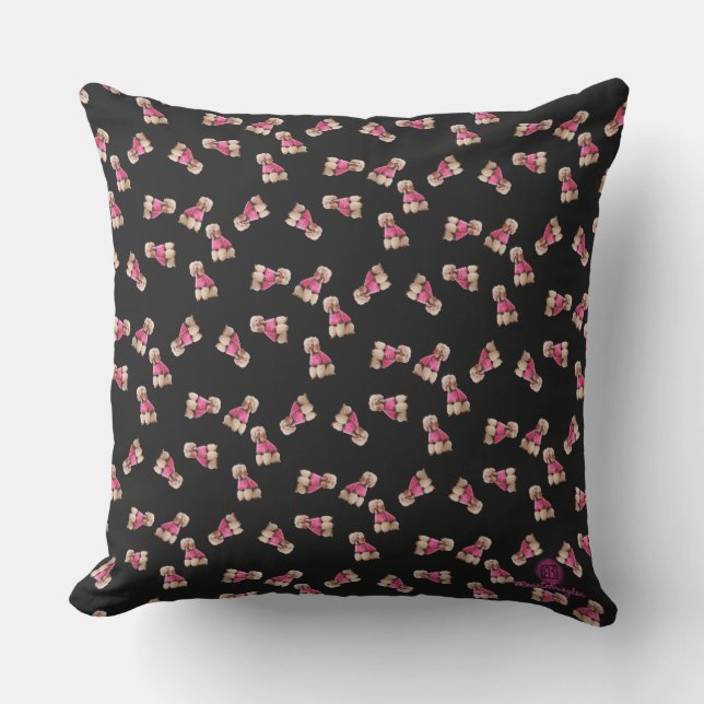 Oodles Of Poodles (Pink on Black) Garden Party Cushion (Front)