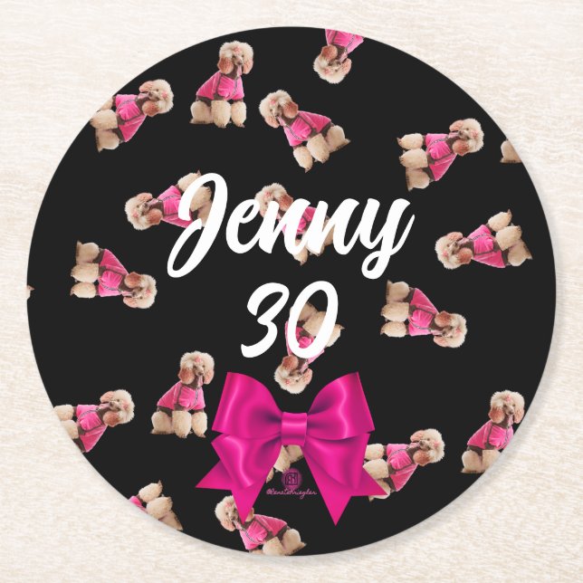 Oodles Of Poodles (Pink on Black) Party Round Paper Coaster (Front)