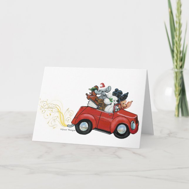 Oodles Poodles red Car Christmas Cards (Front)
