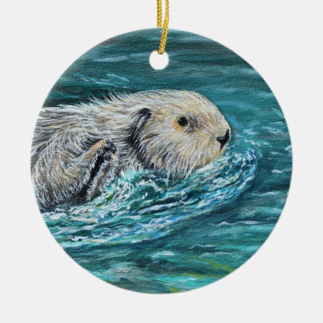 Ooh Goody Lunchtime Sea Otter Painting Ceramic Ornament (Front)