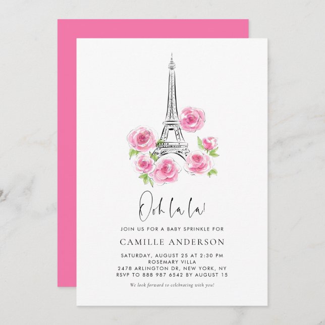 Ooh la la Eiffel Tower Pink Floral Baby Sprinkle Invitation (Front/Back)