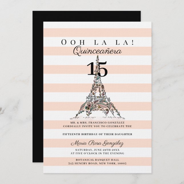 Ooh La La Floral Eiffel Tower Paris Quinceañera Invitation (Front/Back)
