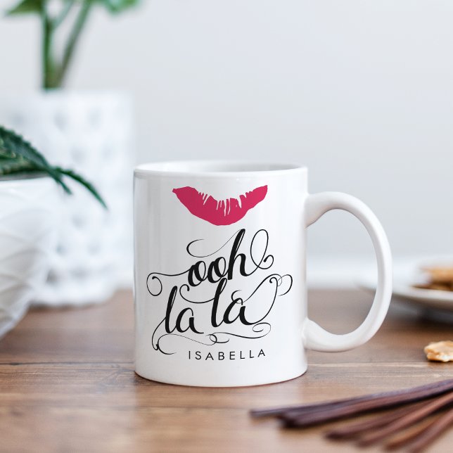 Ooh La La Hot Pink Lip Print Typography Coffee Mug (Creator Uploaded)