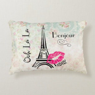 Ooh La La Paris Eiffel Tower on Vintage Pattern Decorative Cushion