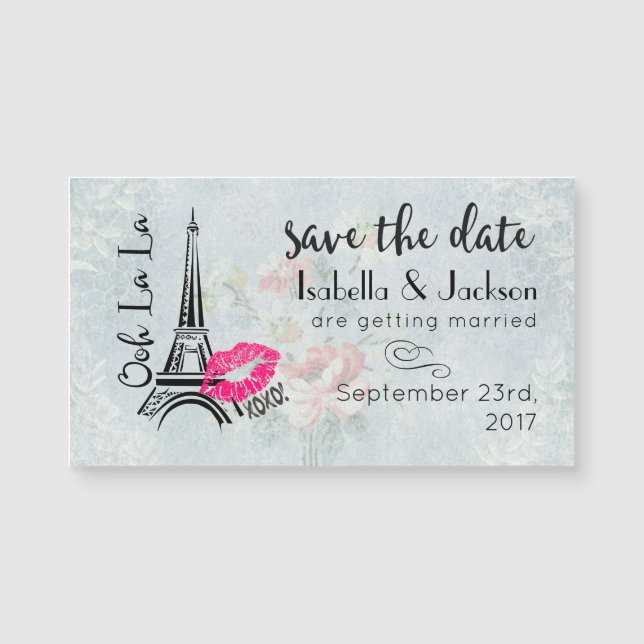 Ooh La La Pink Lips Eiffel Tower Save The Date (Front)