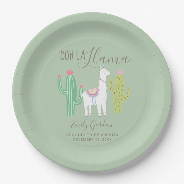 Ooh la llama Baby shower cute baby boy teal brown Paper Plate (Front)