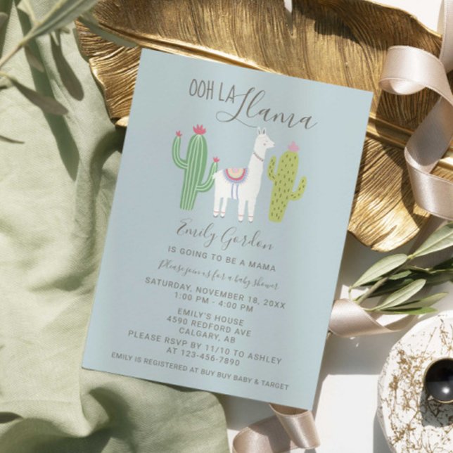 Ooh La Llama Baby Shower cute blue & brown simple Invitation (Creator Uploaded)