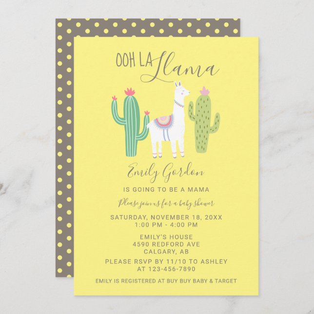 Ooh La Llama Baby Shower cute yellow brown simple Invitation (Front/Back)