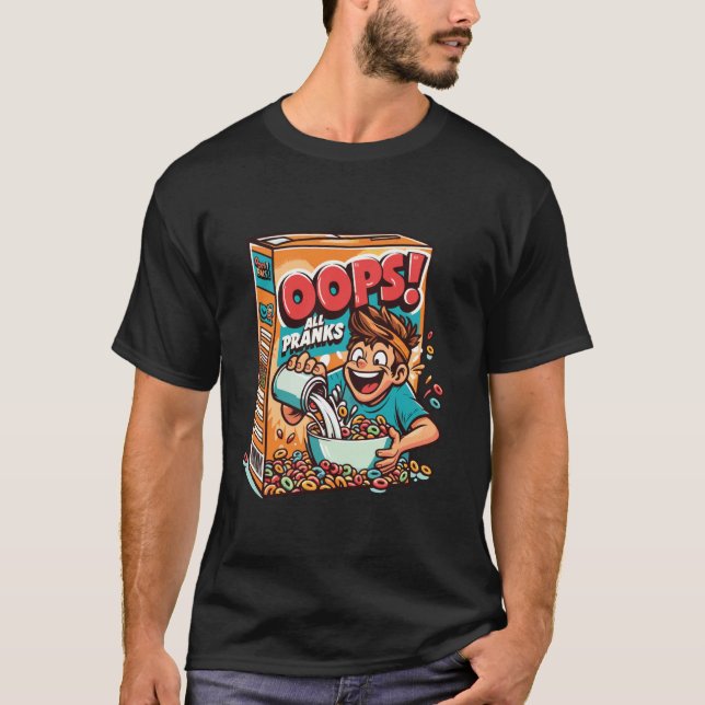 Oops All Pranks Fun Cereal Box Parody T-Shirt (Front)
