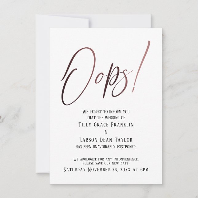 Oops! Funny Delayed Wedding Announcement (Front)