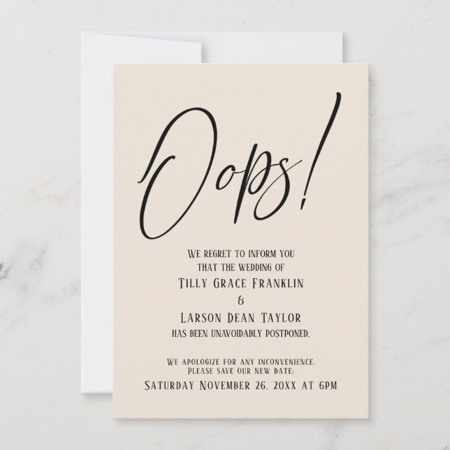 Oops! Funny Delayed Wedding Simple Cream Card (Front)