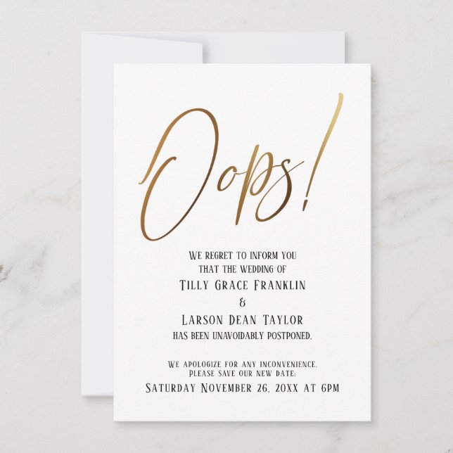 Oops! Funny Gold Delayed Wedding Announcement (Front)