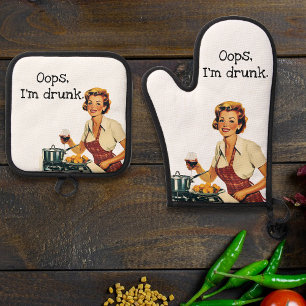 Oops I'm Dunk Sarcastic Retro Housewife Oven Mitt & Pot Holder Set