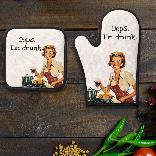 Oops I'm Dunk Sarcastic Retro Housewife Oven Mitt & Pot Holder Set (Creator Uploaded)